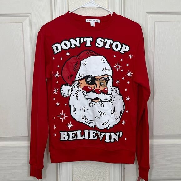 Santa Claus Red Sweatshirt Crewneck Santa in Sunglasses Reversible Sequins Small - Picture 1 of 12